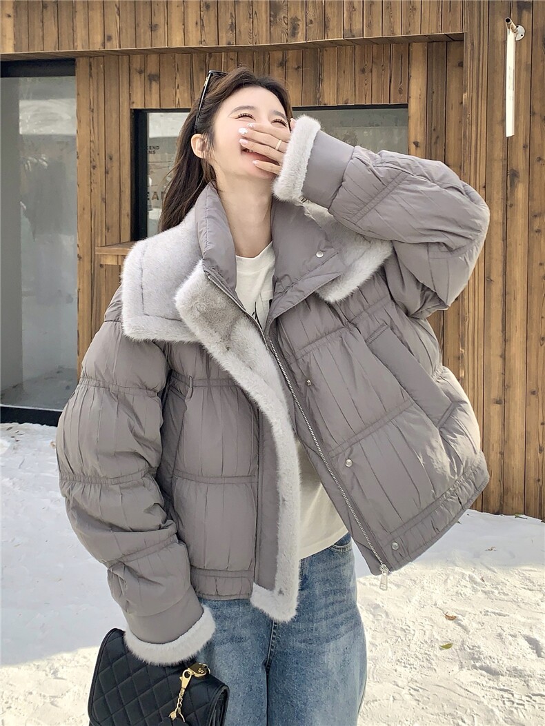 灰色短款泡芙羽绒服女2025冬季高级感毛毛拼接保暖90白鸭绒厚外套,女装羽绒服,慧尚依恋