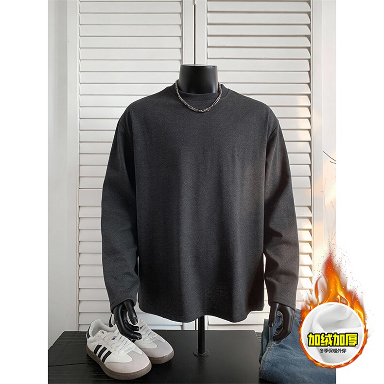 抖音得物高品质400克重磅加绒加厚德绒保暖长袖T恤纯色打底针织衫，男装T恤，电商A486-1
