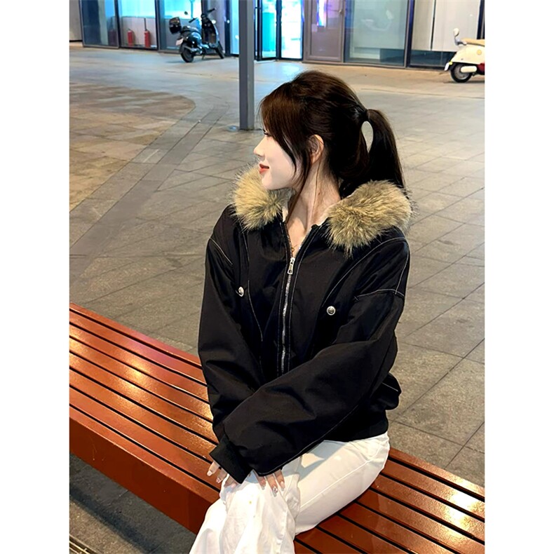 现货重磅boxy短款棉衣座山雕大毛毛领男女棉服水洗工装厚外套图片