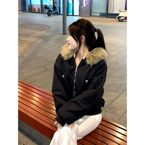 现货重磅boxy短款棉衣座山雕大毛毛领男女棉服水洗工装厚外套图片