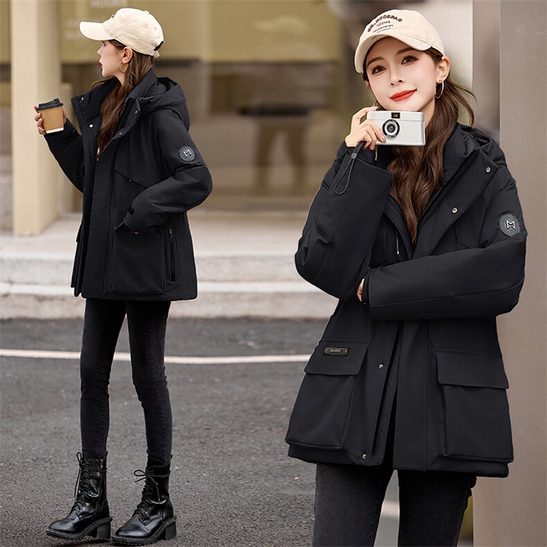 连帽休闲工装风羽绒服女2024冬新款收腰显瘦白鸭绒保暖冲锋衣外套,女装羽绒服,关键词