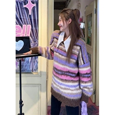 秋冬新款日系复古女休闲百搭彩虹撞色条纹圆领套头毛衣MK67，男装针织衫/毛衣，星座1116A（原606A-3）
