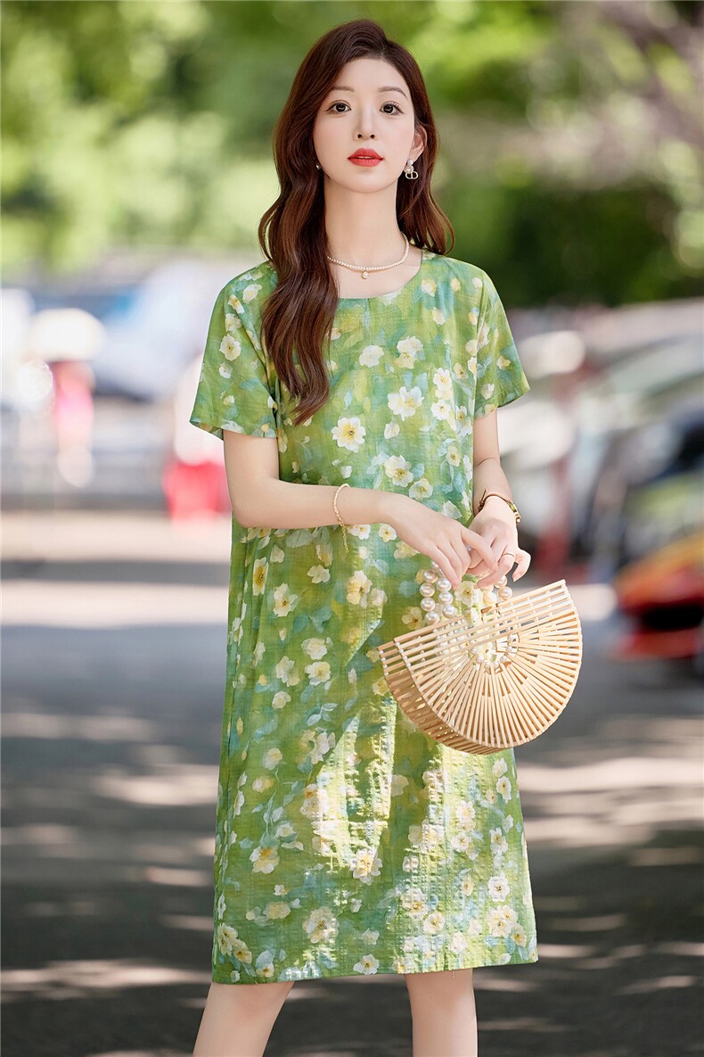 小清新绿色碎花棉麻连衣裙女2026夏季薄款宽松显瘦小个子休闲裙子,女装连衣裙,倪叶myz