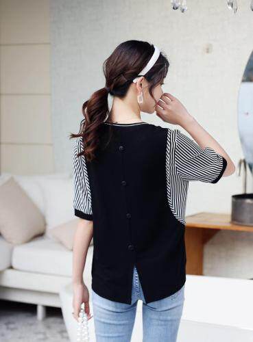 夏季新款冰丝拼条纹上衣，女装，红利秀雅