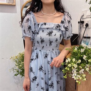 植绒印花薰衣草连衣裙图片