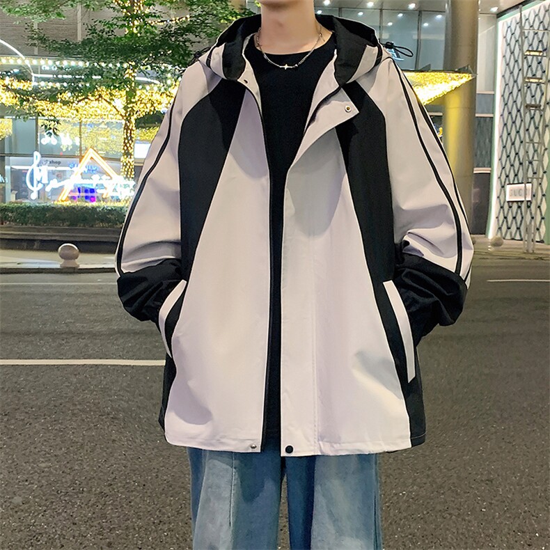 港风新款外景二开宽松夹克男撞色冲锋衣连帽外套MYJ24-7836-P68,男装夹克,星座717