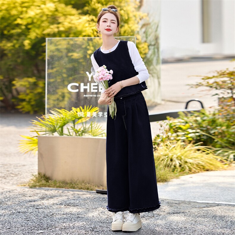 牛仔套装女2025年新款超火春装休闲洋气时尚减龄马甲阔腿裤三件套,女装套装/套裙,瑶迪依秀