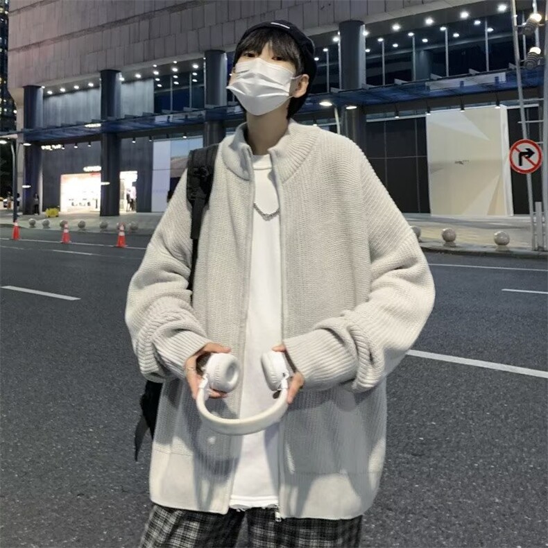 日系灰色开衫毛衣男高街宽松休闲潮流百搭半高领针织衫外套M940,男装针织衫/毛衣,星座601-1