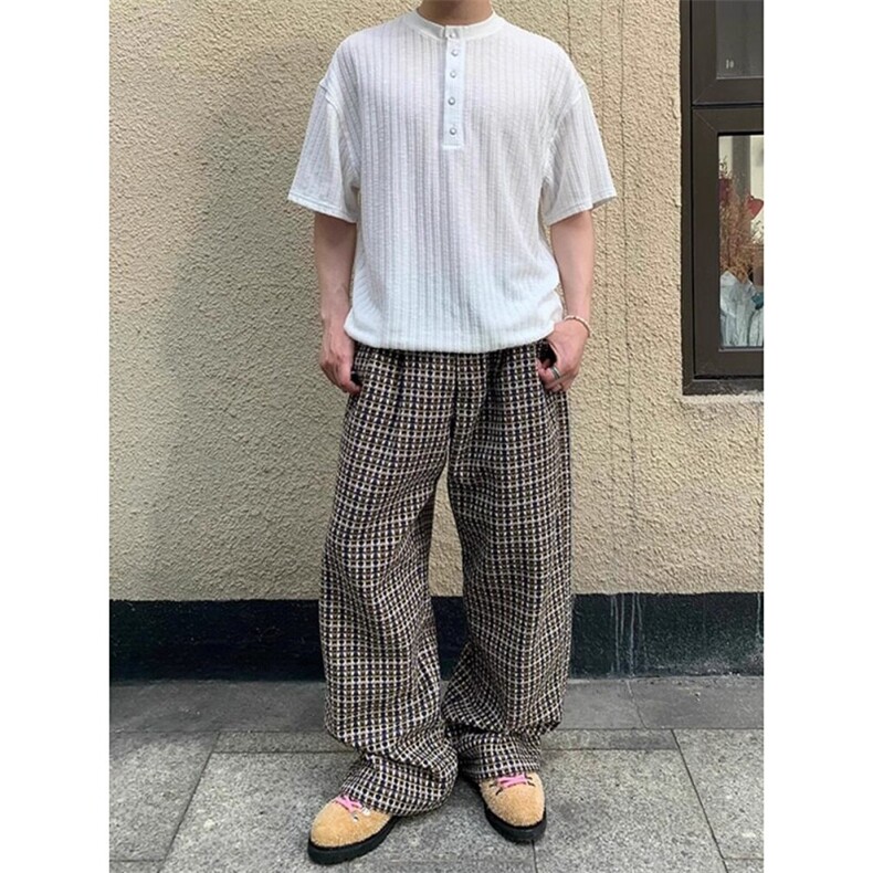 原版肌理百褶条纹亨利领老钱风冰丝T恤韩系短T恤TX334,男装T恤,星座208-5