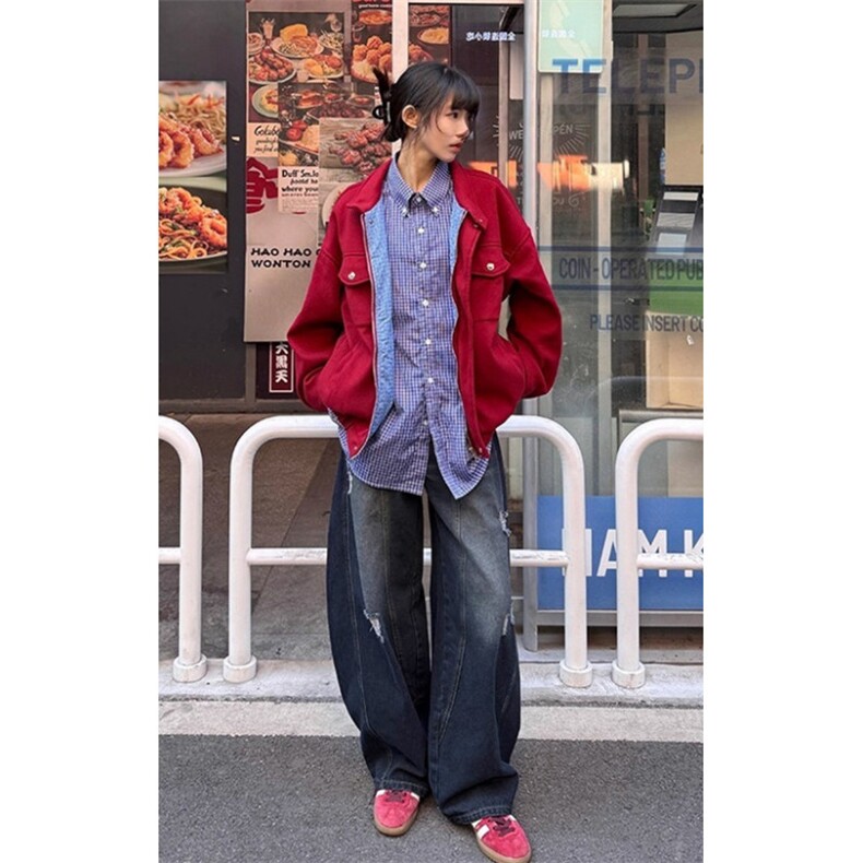 复古红色立领拼接外套男女日系休闲夹克宽松街头夹克上衣J208,男装夹克,星座1116A（原606A-3）