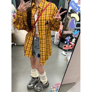 2025美式复古多巴胺黄色格子衬衫男女高街衬衣开衫长袖外套上衣