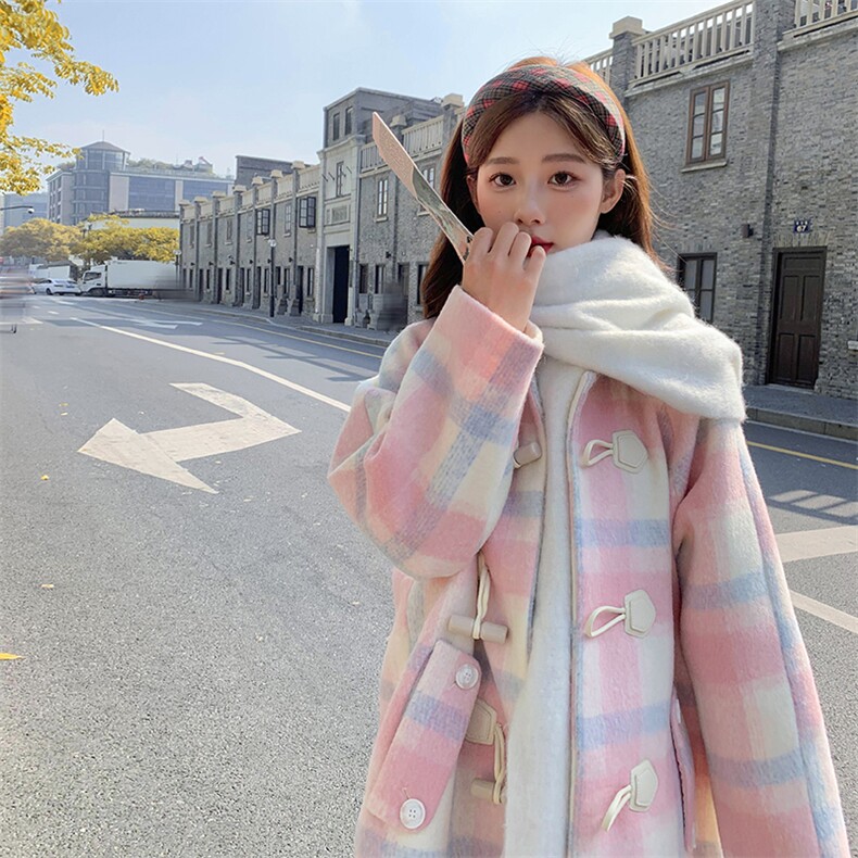 冬季女装女士格子夹棉毛呢长款外套,女装毛呢外套,2C120