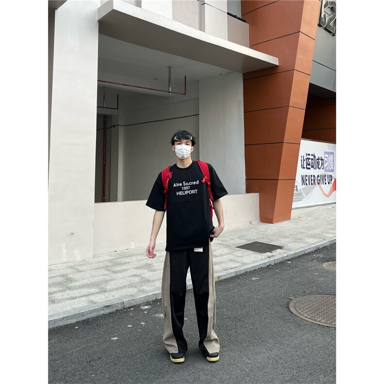 灯芯绒拼接撞色休闲直筒西裤男款美式高街潮牌痞帅宽松阔腿弯刀裤,男装西裤,星座715-4