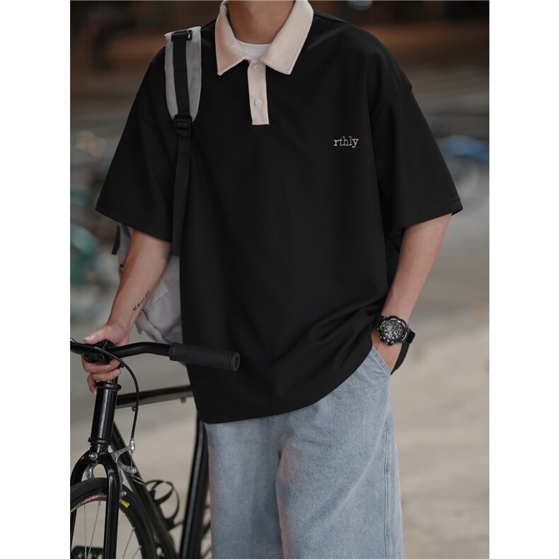 直播品质宽松大码华夫格刺绣Polo短袖港风高品质XP77075-P40,男装Polo衫,电商A042