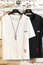 2021夏季新白砖墙日系大码男风刺绣棉麻亚麻短袖T恤T185-P30，男装T恤，电商A001