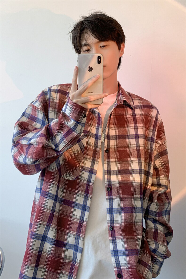 衬衫男春季新款港风宽松大码磨毛格子长袖衬衣CS6639-P35,男装衬衫,星座214-3