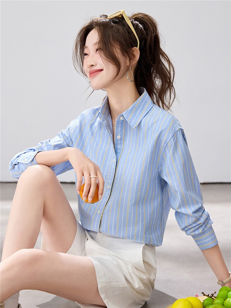 2026春夏新款黄蓝条纹衬衫女宽松显瘦元气少女感衬衣韩系清爽竖条,女装衬衫,艾米