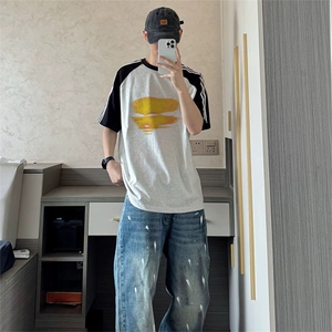 抖音得物品质二开240克宽松纯棉美式潮牌插肩三杠织带短袖T恤图片
