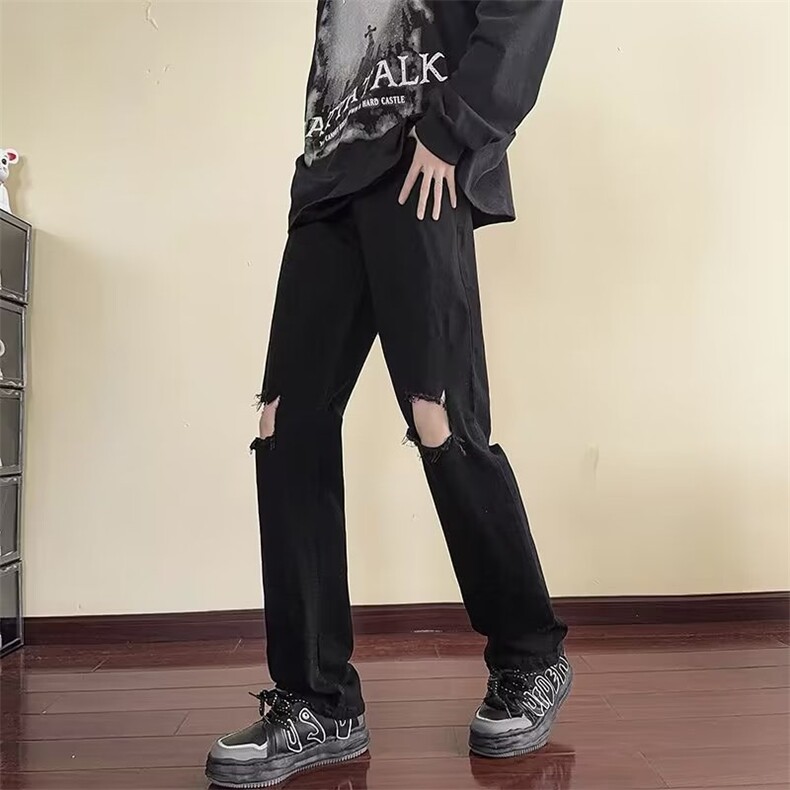 欧美高街潮牌vibe风修身直筒黑牛仔裤破洞嘻哈炸街男女款-N6096,男装牛仔裤,星座601-2