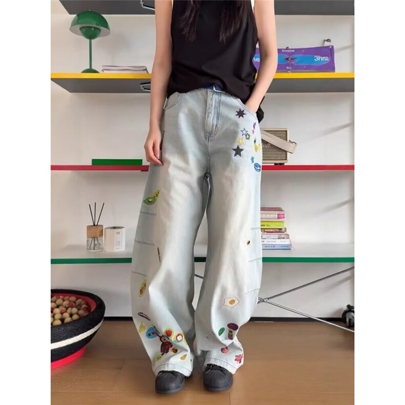 美式夏牛仔涂鸦裤子男春秋季青年设计感束脚休闲长裤AME491P58,男装休闲裤,星座1013-5