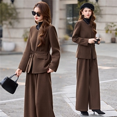 现货毛呢套装女2025年冬季新款女装时尚气质休闲外套阔腿裤送腰带，女装套装/套裙，时尚俏佳人
