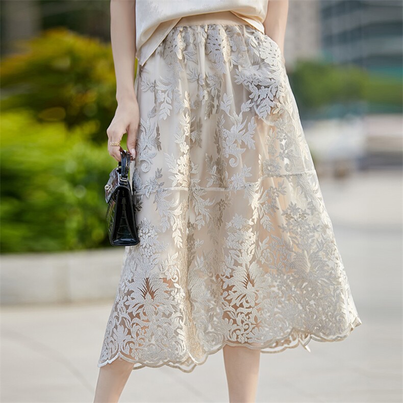 重工华丽蕾丝绣花网纱灯笼半身裙女高腰刺绣气质法式伞裙礼服半裙，女装半身裙，佳绒高端店
