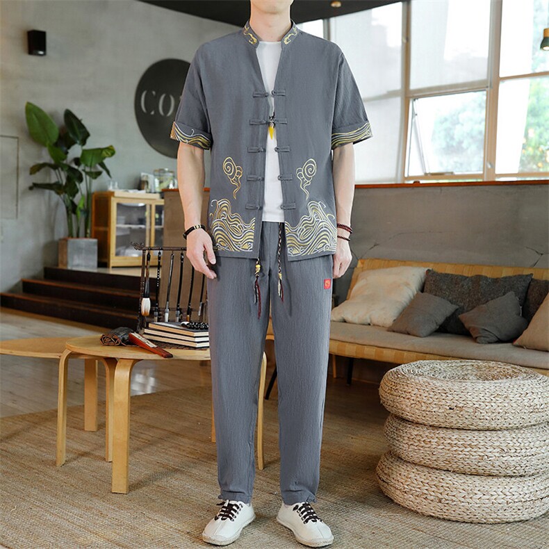 2025新款风男装夏季短袖开衫唐装男汉服套装一套-7717-P60,男装休闲套装,星座1105