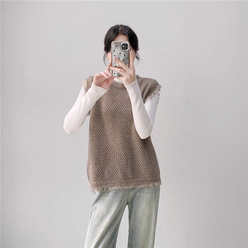 HE|镂空工艺软糯baby山羊绒针织马甲女圆领宽松毛衣百搭背心，女装针织衫/毛衣，织纯羊绒