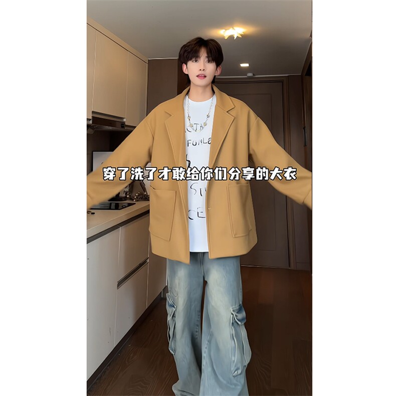韩系短款加绒加厚毛呢大衣风衣外套504-F12-P75（加绒P95控128）,男装毛呢大衣,星座504