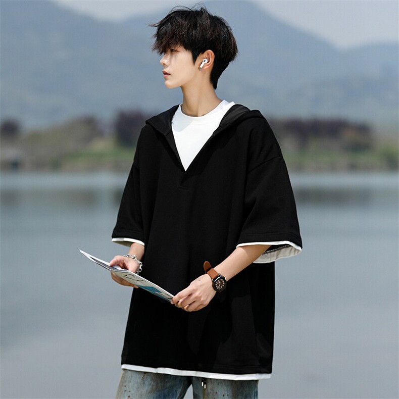 8XL-M假两件短袖卫衣连帽t恤男夏季薄款宽松大码学生半袖DT007P48,男装T恤,电商B312