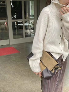 慵懒风高领单排扣针织开衫女秋冬新款欧货设计感高领加厚百搭毛衣图片