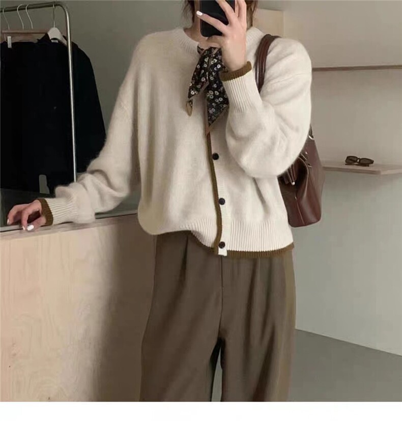 秋季新款舒适显瘦时尚丝巾拼色针织开衫图片