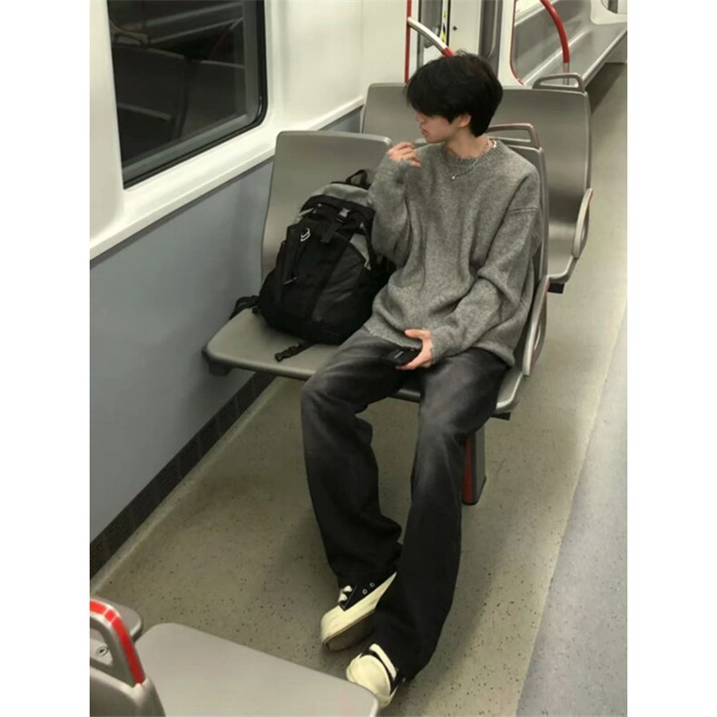 灰色破坏风毛衣男秋冬季潮牌痞帅慵懒cleanfit宽松内搭针织打底衫,男装T恤,四季星座505
