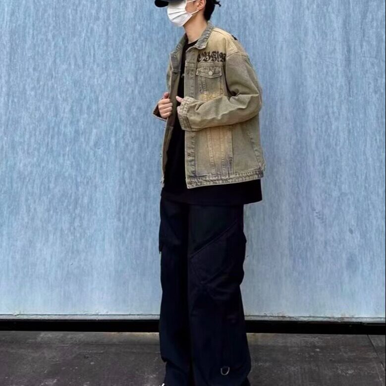 牛仔外套男黄泥染水洗做旧春秋季美式复古街头宽松休闲情侣夹克潮,男装工装外套,星座1210-1