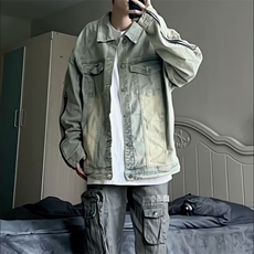 美式高街Vibe黄泥做旧水洗牛仔夹克男复古潮牌拉链外套L88877-P63，男装工装外套，星座1008