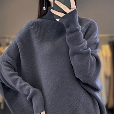 宽松慵懒风100%纯羊毛衫女高领加厚不规则长袖毛衣打底羊绒衫上衣，女装羊毛衫，迅太羊绒
