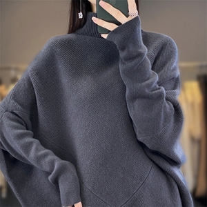 宽松慵懒风100%纯羊毛衫女高领加厚不规则长袖毛衣打底羊绒衫上衣,女装羊毛衫,迅太羊绒