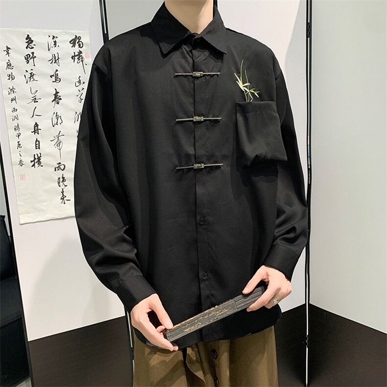 新款衬衫风新中式翠竹叶刺绣金属飞机扣宽松衬衣CS0111-p40图片