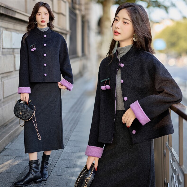 双面羊绒短款外套女秋冬新款时尚撞色高级感小个子新中式毛呢大衣,女装毛呢外套,众宇琦