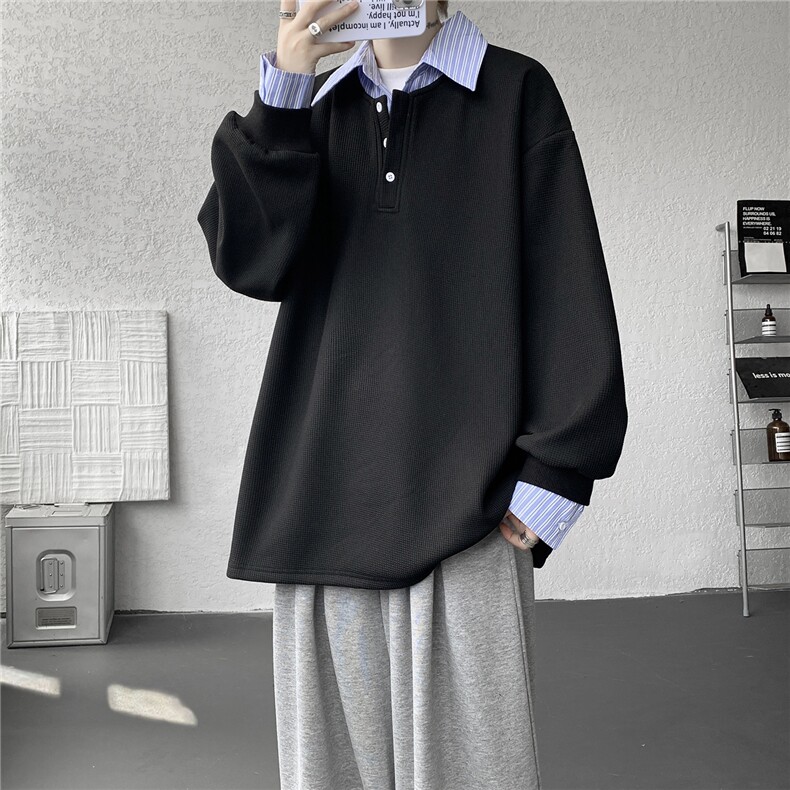 M-8XL假两件撞色polo衬衫翻领卫衣亨利领大码长袖上衣WY5117特P45,男装衬衫,电商B238