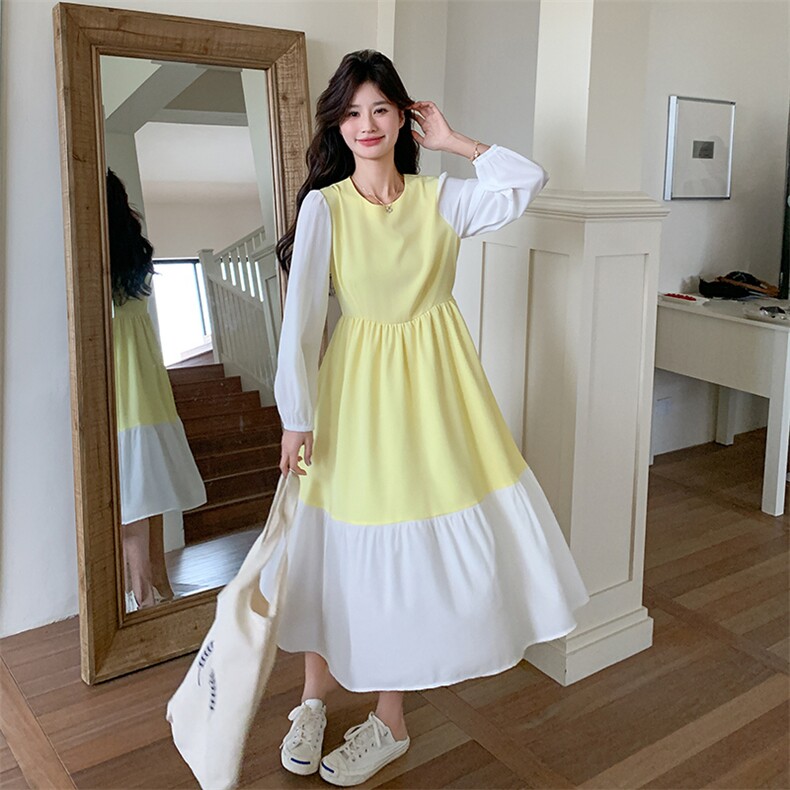 气质甜美撞色拼接黄色连衣裙女春秋2025新款绝美韩系独特别致穿搭,女装连衣裙,2D148