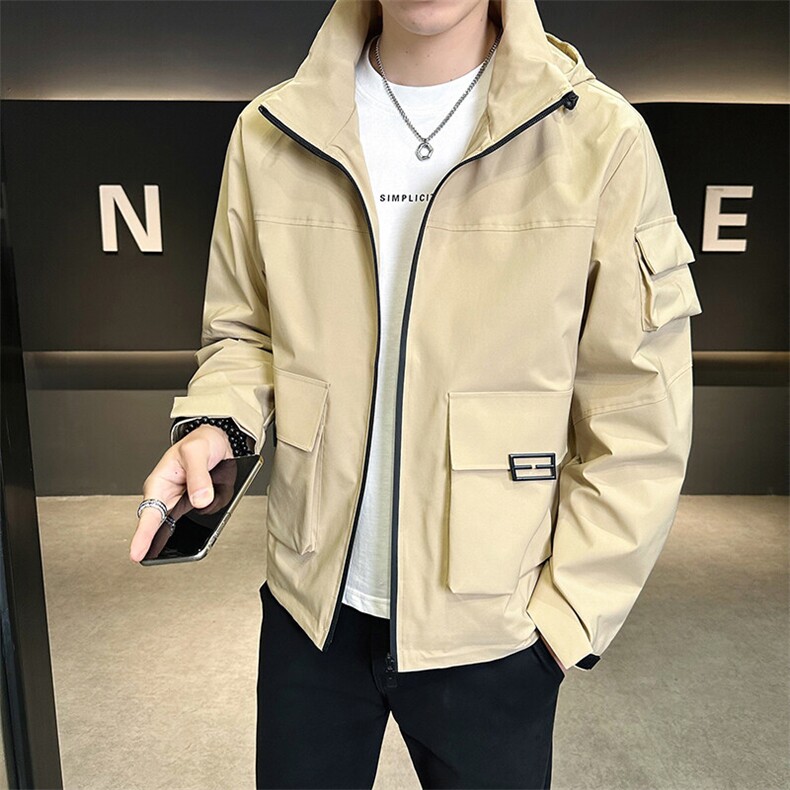 春秋新款户外休闲冲锋衣连帽外套男士工装美式多口袋夹克2523-P75，男装夹克，星座1403A