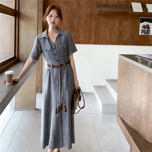 《档口现货26夏上新》气质三色天丝亚麻透气舒适连衣裙配腰带女图片