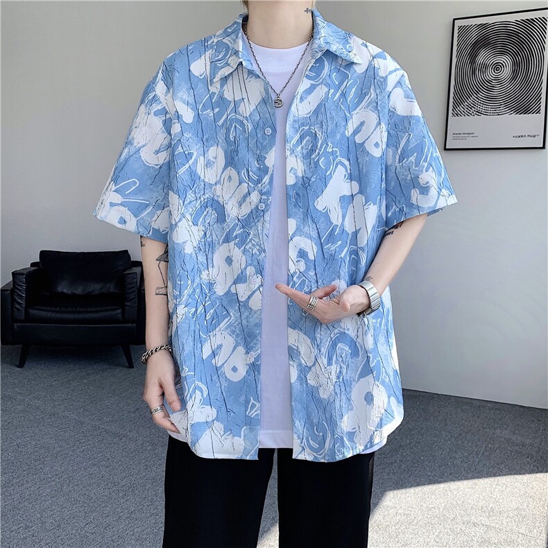 现货！夏季薄款翻领花衬衫短袖男抖音得物可送样EX50558-特P30,男装衬衫,电商A061