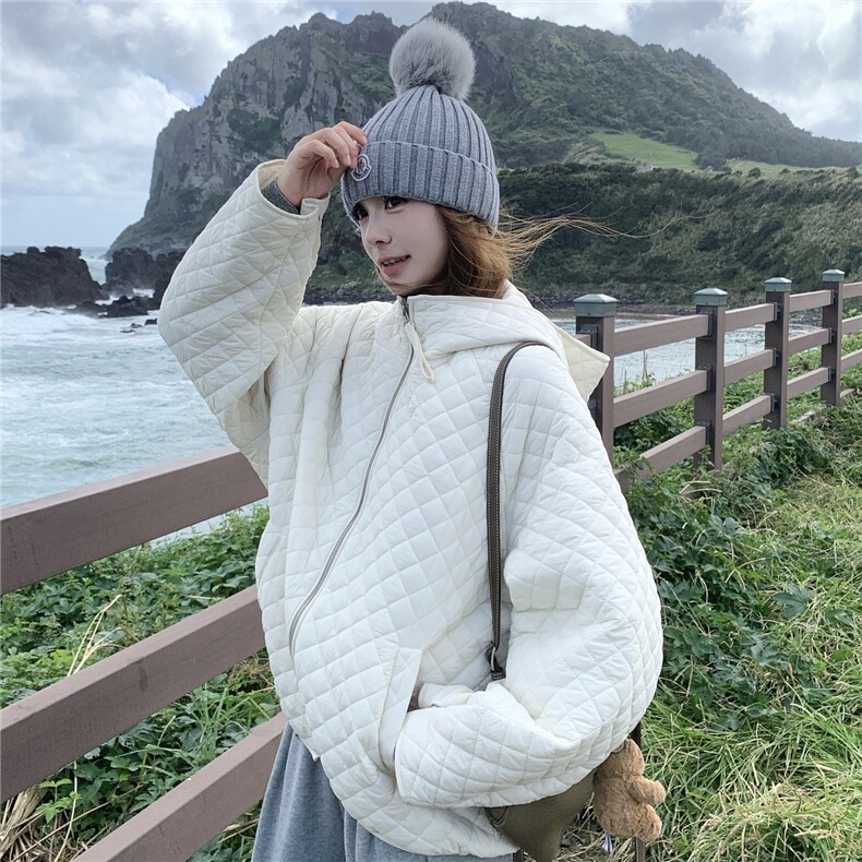 韩版宽松菱格压线连帽棉服外套女2025秋冬新款百搭小个子棉上衣,女装棉衣/棉服,2D145