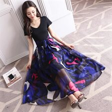 套头高腰圆领短袖中长款印花大摆2022年夏季连衣裙，女装连衣裙，时尚俏佳人