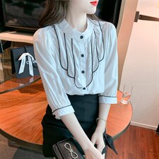 新款防晒衬衫洋气雪纺衫立领小衫气质七分袖打底衫，女装蕾丝衫/雪纺衫，美吧服饰