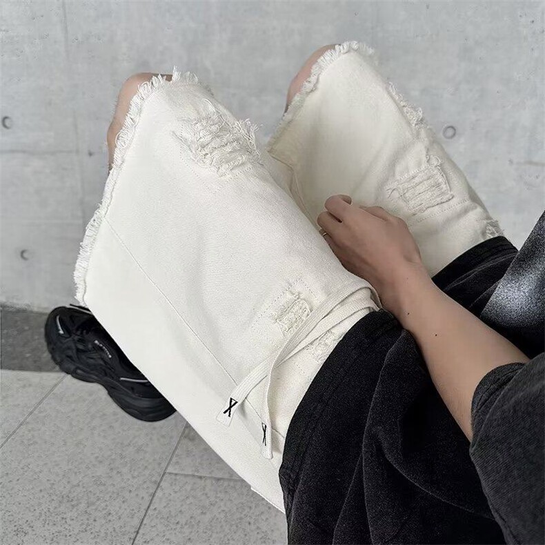 补丁毛边牛仔短裤男夏季美式高街五分裤潮牌牛仔短 H215-P43图片