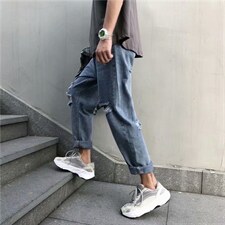 夏季牛仔裤男破洞九分裤子潮流韩版宽松直筒百搭乞丐裤潮K80-p35,男装牛仔裤,星座1008-2