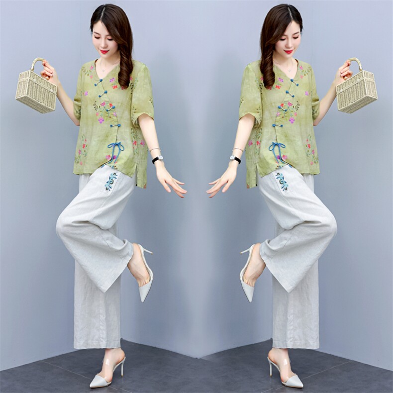 时尚绣花苎麻阔腿裤套装女2024年夏季休闲宽松高端妈妈棉麻两件套,女装套装/套裙,凝聚力